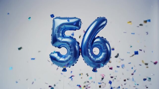 Blue balloon number 56 for birthday or anniversary party. White background with falling confetti