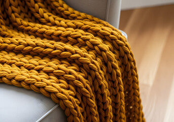 Close-up of mustard yellow knitted blanket