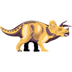 Pixel Art Triceratops Dinosaur in Yellow and Purple with Black Legs on Transparent Background