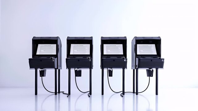 A series of electronic voting machines, each with a distinct design and color palette. The machines are set against a plain white background, emphasizing their sleek, modern design.