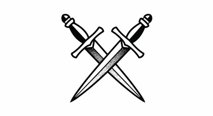 Black work tattoo style vector illustration featuring two menacing crossed daggers with intricate detailing, symbolizing conflict and rebellion, dramatically isolated on a pure white background.