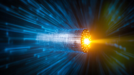 Dynamic light beam highlighting a futuristic data transmission concept in a vibrant digital environment.