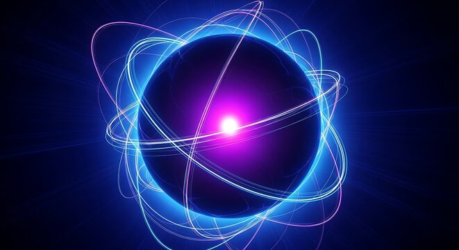 A glowing orb rests within a vibrant system of blue and purple rings, radiating energy