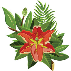 Pixel art illustration of a vibrant red orange lily flower with green leaves and a fern frond on a transparent background