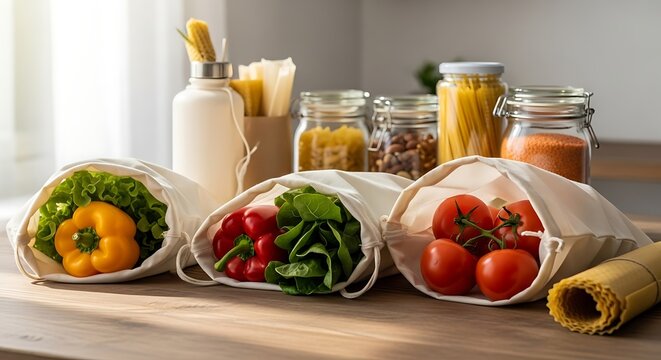 Fresh Produce Yellow Red and Green Bell Peppers Tomatoes in Reusable Cloth Bags on Wooden Table - Powered by Adobe