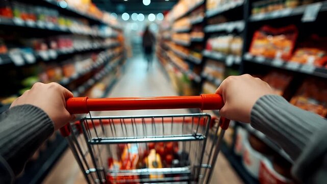 A closeup shot of a persons hands pushing a shopping cart through a grocery store aisle. The style is candid, capturing a moment of everyday life in a supermarket.