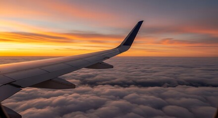 Obraz premium Airplane Wing Flying Above Clouds During Sunset with Colorful Sky