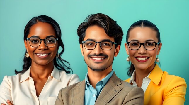 A Successful and Diverse Team of Two Businesswomen and One Businessman Smiling Beautifully Against a Bright Blue Background.