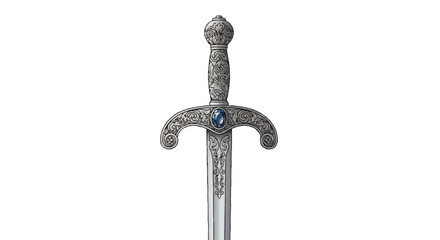 Ornate sword with detailed handle engraving is presented as a flat 2D vector illustration, isolated on a clean white background, conveying themes of medieval history and fantasy adventure.