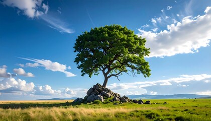 Green tree stands tall on rocky outcrop under bright blue sky.