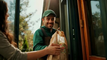 A man in a green jacket and green cap is opening a window, holding a brown paper bag. He is wearing a green shirt and brown suspenders.