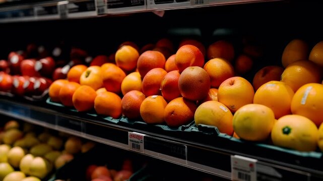 A closeup shot of a grocery store shelf showcasing a variety of fruits. The main subject is a vibrant assortment of oranges and apples, each with a distinct color and texture.