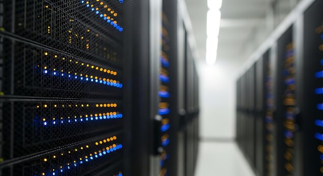 Data Center Server Racks with Blue and Yellow Indicator Lights in Modern Technology Facility