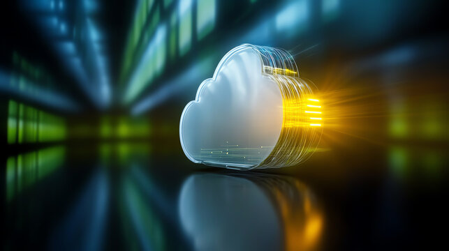 Futuristic cloud computing concept with glowing connections representing data transfer and storage, symbolizing digital innovation.