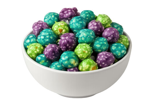 Colorful puffed cereals in a white bowl, a sweet breakfast or snack for children, transparent background - Powered by Adobe