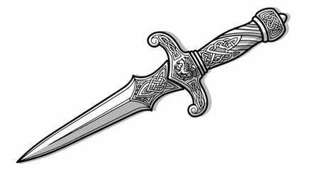 Medieval dagger vector illustration, featuring a sharp blade and an ornate engraved handle, isolated on a clean white background, rendered in a striking tattoo style.