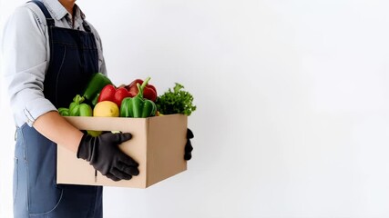 A person in blue overalls and black gloves holds a cardboard box filled with fresh vegetables and fruits. The person is wearing a white shirt with a blue apron.