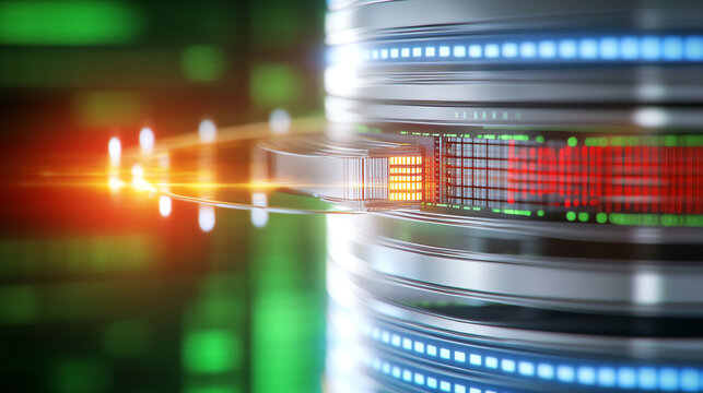 Futuristic data center with illuminated server racks showcasing advanced technology and digital innovation.