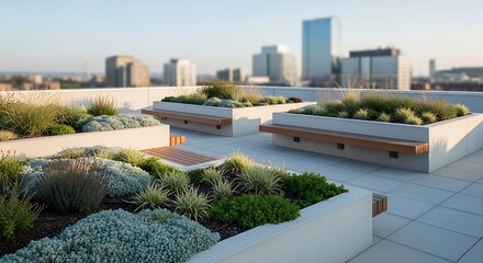 Obraz premium Lush urban roof garden sanctuary with city skyline in the background