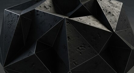 Captivating abstract geometric sculpture with textured dark black background surfaces and metallic edges, evoking modern sophistication and deep mystery.