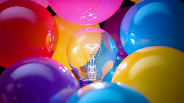 Glowing light bulb surrounded by vibrant colorful balloons floating in bright cluster - Powered by Adobe