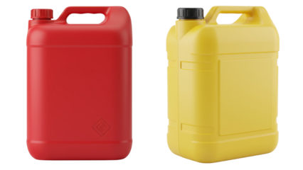 Set of two plastic jerry can or liquid canister (red and yellow color) for industrial mockup isolated on white background. PNG file