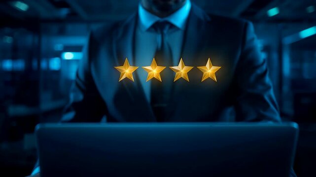 Business professional working on laptop with glowing five golden stars floating above