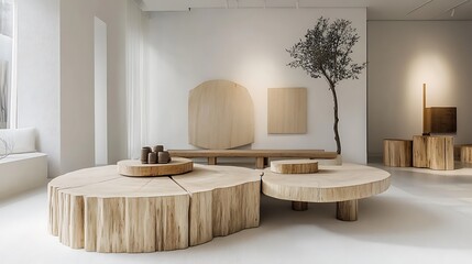 Unique wooden log coffee tables in a modern living room isolated on white background