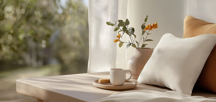 Cozy window seat sunlit cushion neutral pillow soft curtain ceramic vase eucalyptus branch yellow flower wooden bench coffee cup biscuit treat create calm morning mood with warm light and gentle - Powered by Adobe