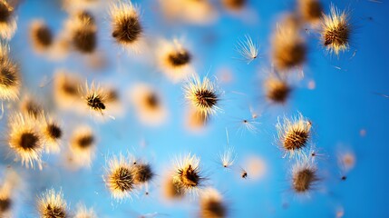 Obraz premium Fluffy seed pods floating in the air, backlit by sunlight, against a vibrant blue sky, close-up perspective, copy space.