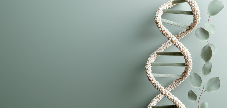 Green DNA helix biology genetic molecule science spiral strand abstract minimal eucalyptus calm balance on green background with space, natural texture, modern lab concept, serene wellness vibe