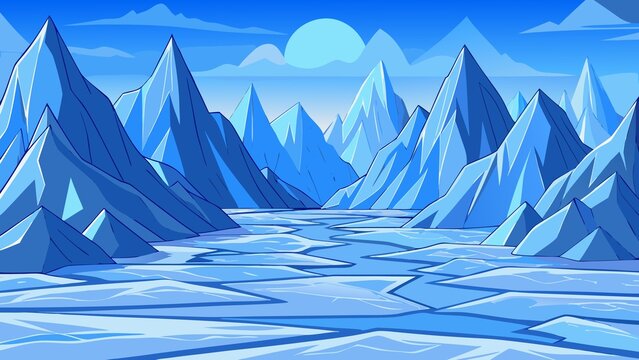 Vast frozen landscape with sharp ice peaks and cracked icy ground under a bright blue sky