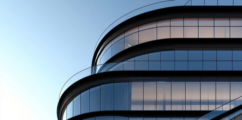 Curved glass facade modern architecture sleek lines minimal design blue sky office building corporate tower contemporary style urban scene daylight