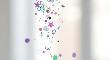 Colorful confetti falling down against a blurred white background, creating a festive and celebratory atmosphere with a sense of joy and excitement