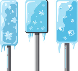 Ice-covered road signs with snowflakes in winter season  