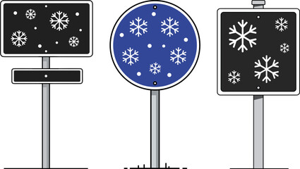 Snowflake traffic signs in black and blue design on white background  