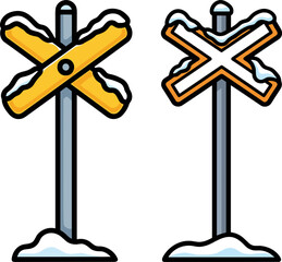 Snow-covered railroad crossing signs in winter landscape  