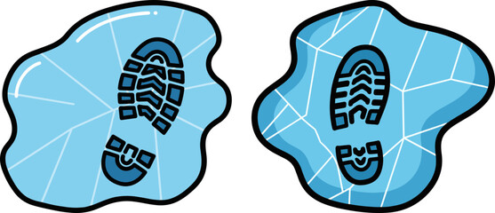 Footprints on icy puddles with cracked ice design  