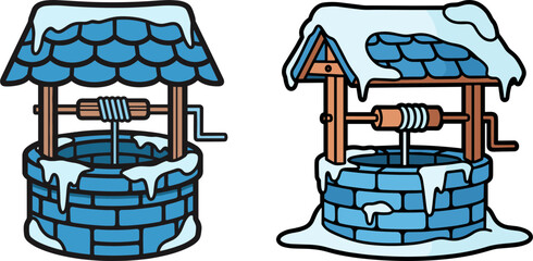 Two cartoon wells covered with snow in winter landscape  