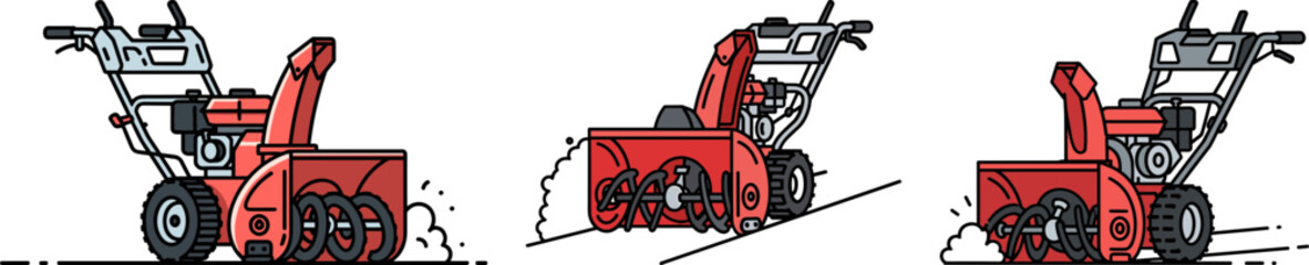 Snowblower in three positions demonstrating movement and function  