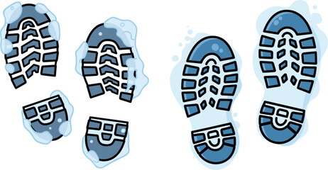 Footprints in blue snow with water splashes on a white background  