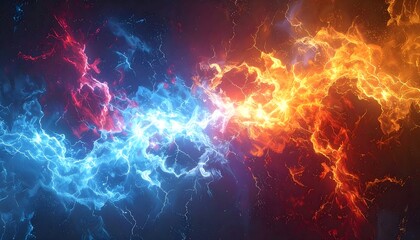 An abstract digital art rendering showing a dramatic clash of electric energy or plasma, featuring swirling blue and cyan lightning meeting intense orange and yellow fire/flame.