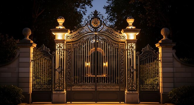 Ornate metal gates illuminate a grand estate entrance at night