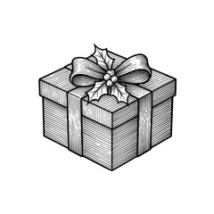 Gift box with ribbon and holly design in monochrome style - Concept of Christmas, New Year, engraving  