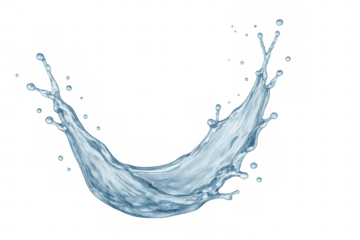 Water splash showing dynamic movement and purity, creating a refreshing arc with many individual dew drops