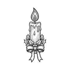 Candle with holly and bow on white background for Christmas concept  