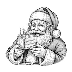 Santa Claus holding a birthday cake with a joyful expression  