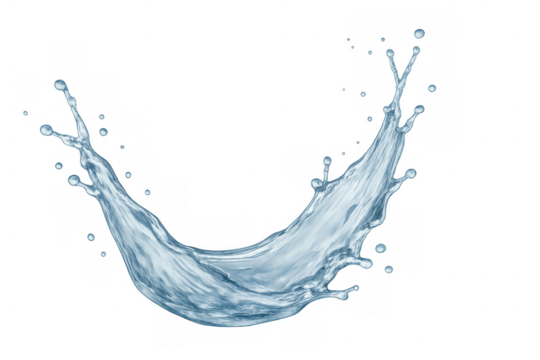 Water splash showing dynamic movement and purity, creating a refreshing arc with many individual dew drops