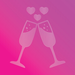 Fototapeta premium Champagne Glasses Toasting with Hearts Bubbles Valentines glass morphism celebration