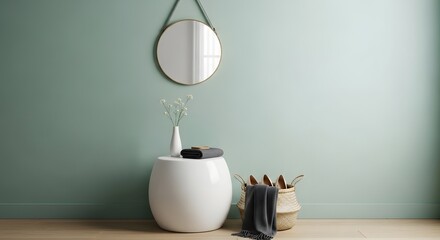 Modern bathroom vanity with oval mirror and towels